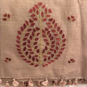 NWT-Beige Sheer Scarf with Rust & Gold Embroidery + Tassels